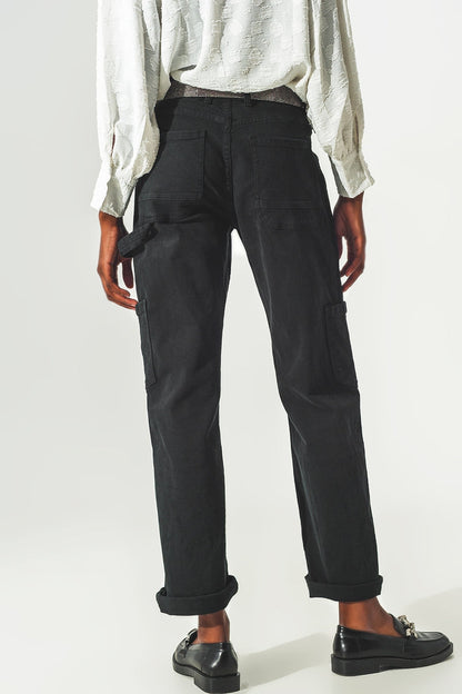 Straight Leg Cargo Pants in Black - Coloured Jeans