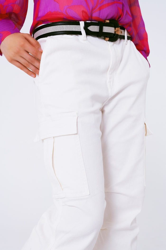 Straight Leg Cargo Pants in White - Coloured Jeans