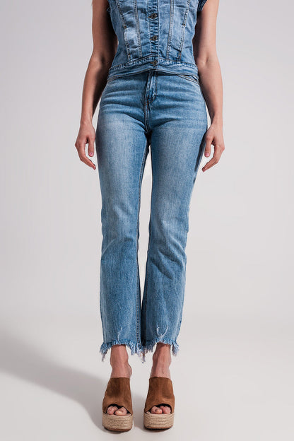 Straight leg fray hem jeans in blue - Denim