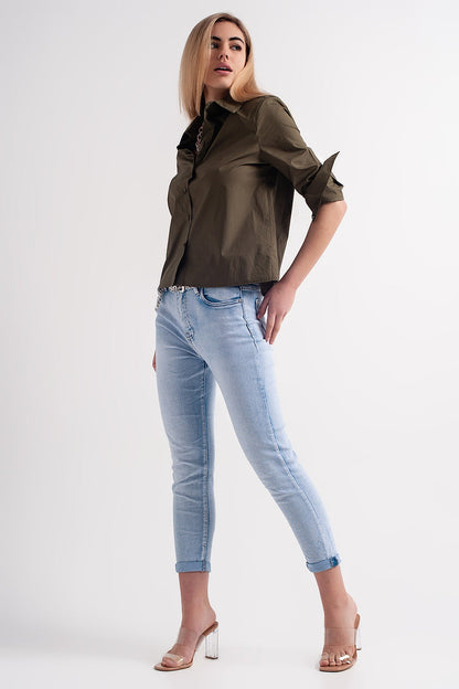 Straight leg jeans with folded ankles in light denim - Denim