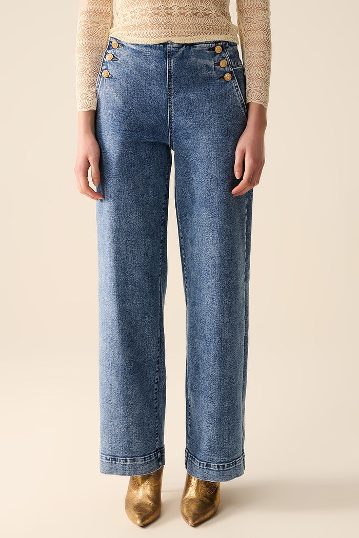 Straight Leg Marine Jeans With Gold Buttons in Mid Wash - Denim