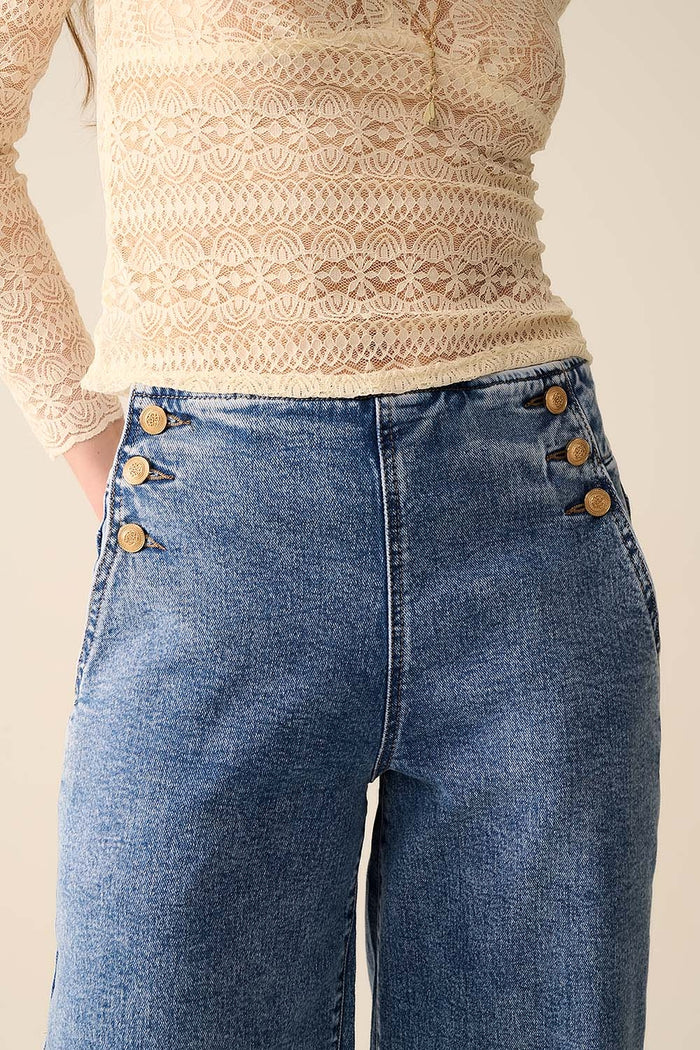Straight Leg Marine Jeans With Gold Buttons in Mid Wash - Denim