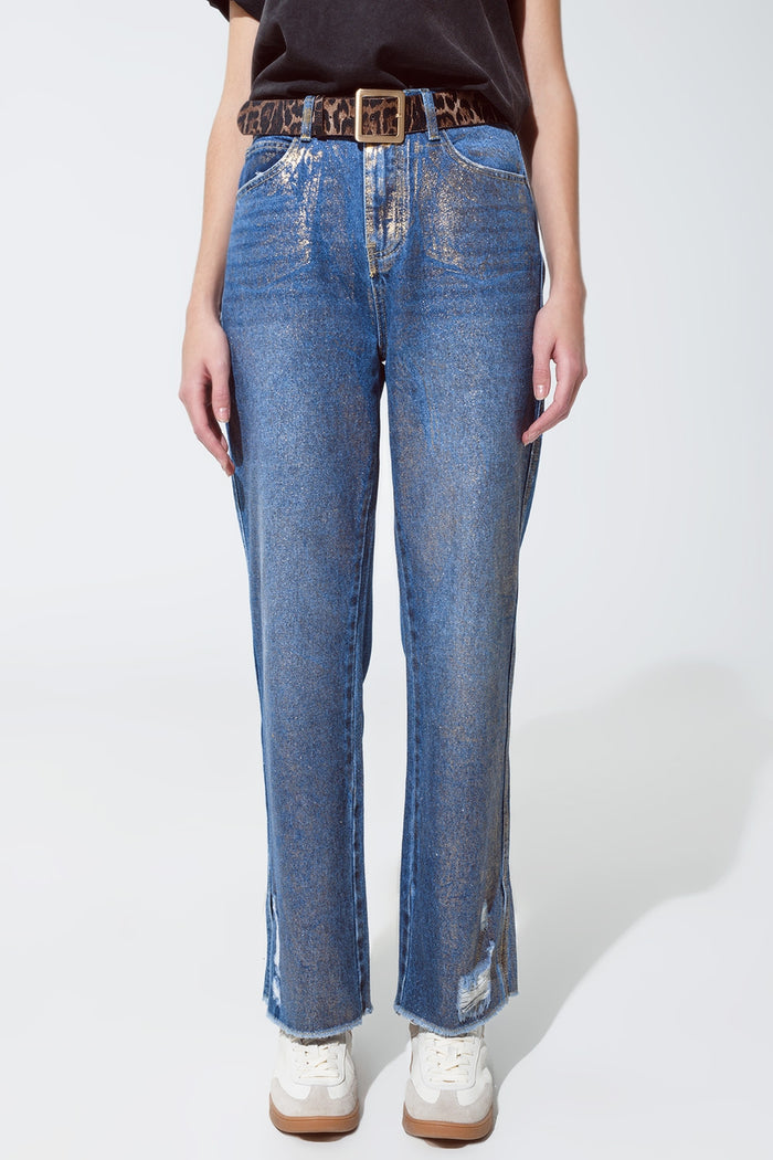 Straight leg ripped jeans with gold metallic glow - Denim