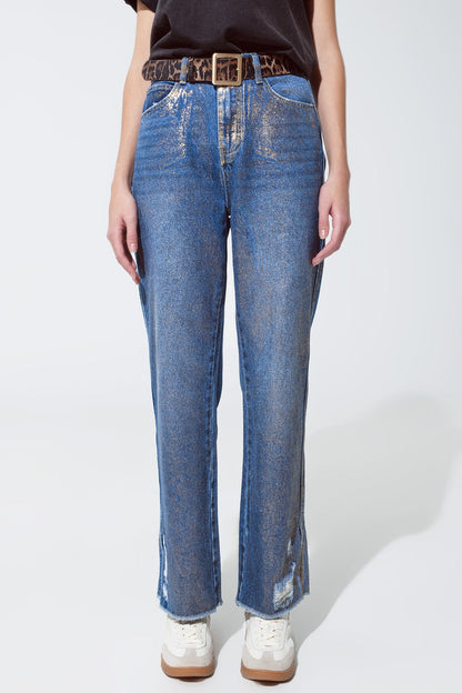Straight leg ripped jeans with gold metallic glow - Denim