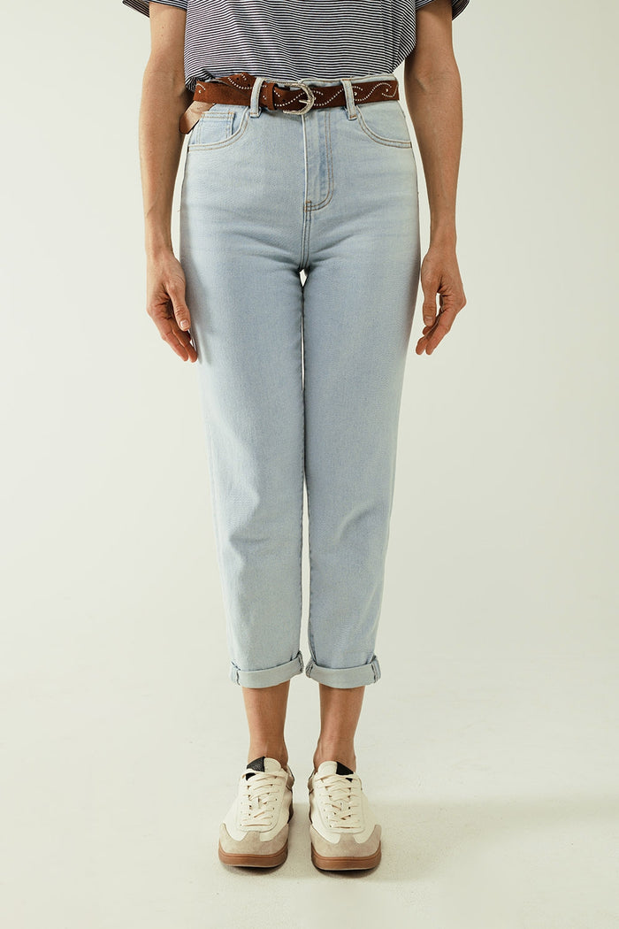 Straight light blue jean with hem and five pockets - Denim