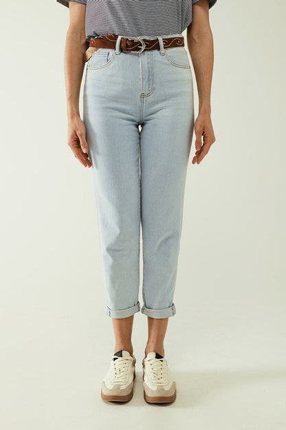 Straight light blue jean with hem and five pockets - Denim