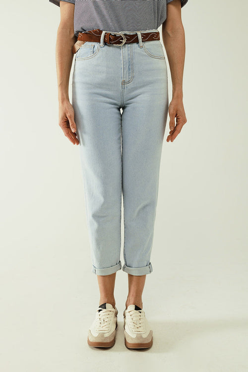 Straight light blue jean with hem and five pockets - Denim