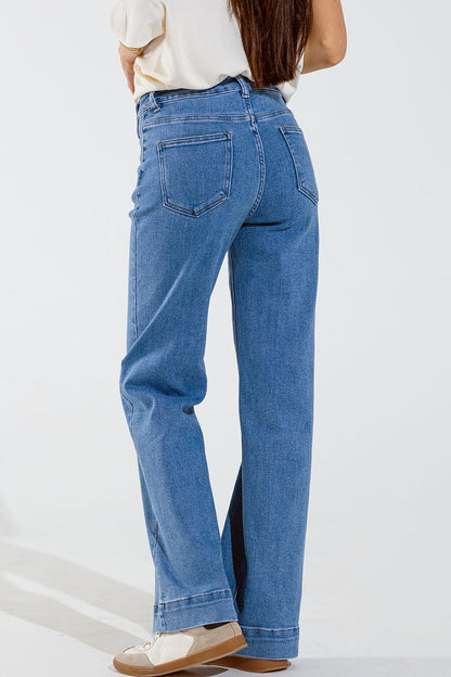 Straight Marine Style Jeans With Golden Buttons Details On The Side in Mid Blue - Denim