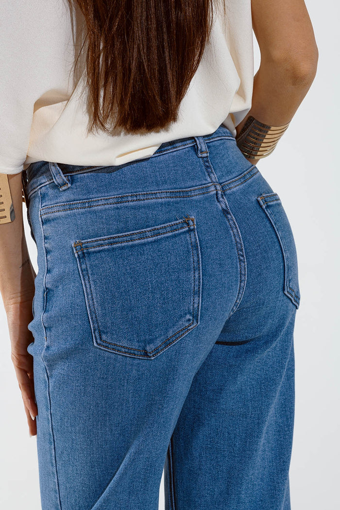 Straight Marine Style Jeans With Golden Buttons Details On The Side in Mid Blue - Denim