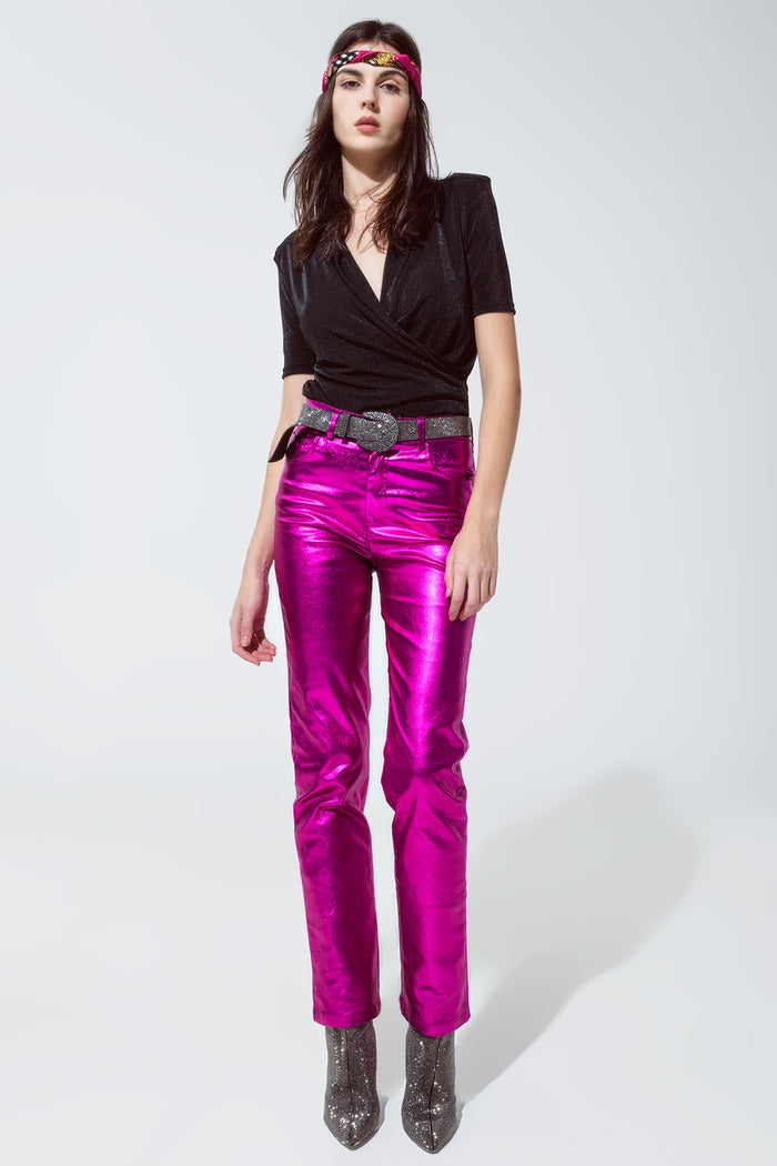Straight Metallic Pants in Fuchsia - trousers