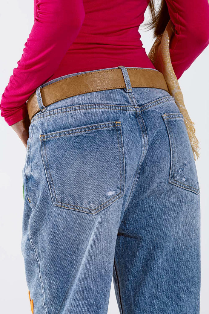 Straight Mom Jeans With Flower Detail In Washed Blue - Denim