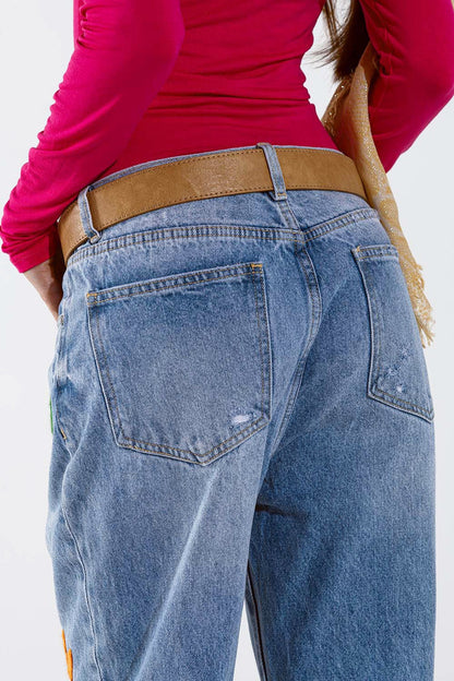 Straight Mom Jeans With Flower Detail In Washed Blue - Denim
