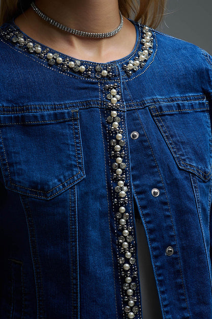 Stretch Denim Embellished Denim Jacket in Blue