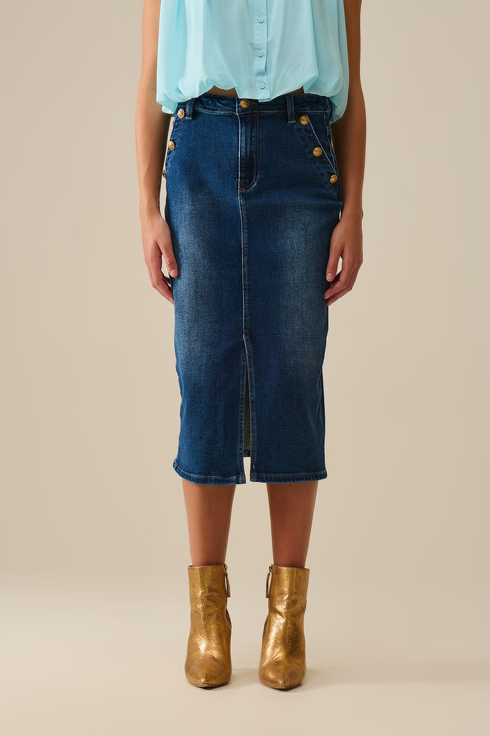 Stretch Denim Midi Skirt With Gold Button Details