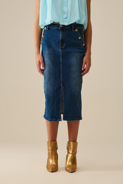 Stretch Denim Midi Skirt With Gold Button Details
