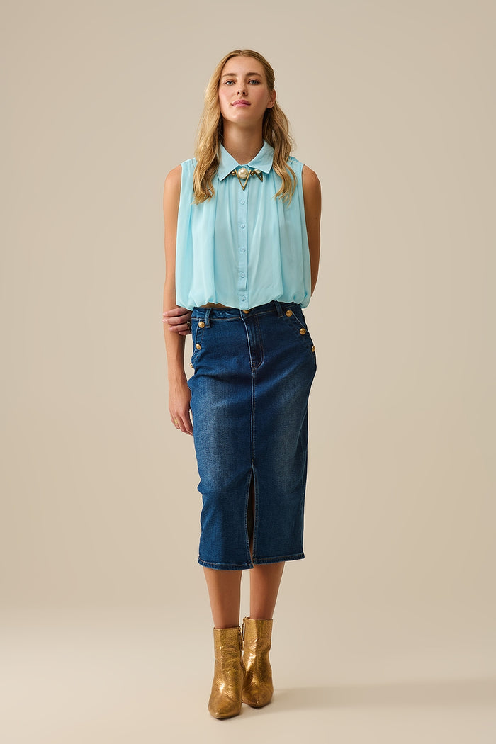 Stretch Denim Midi Skirt With Gold Button Details