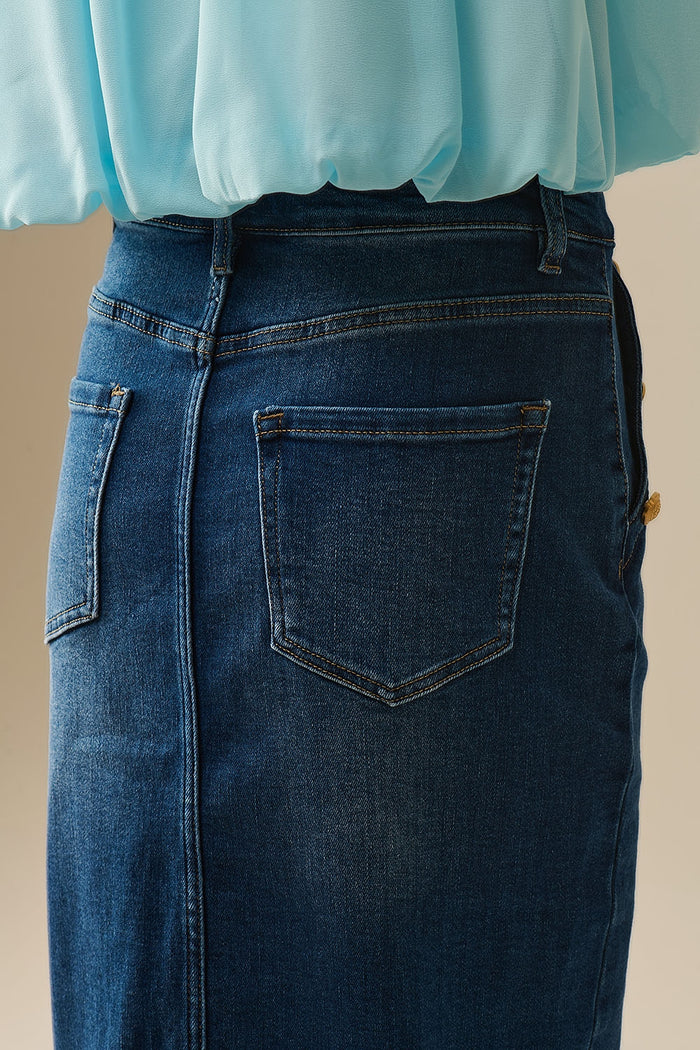 Stretch Denim Midi Skirt With Gold Button Details