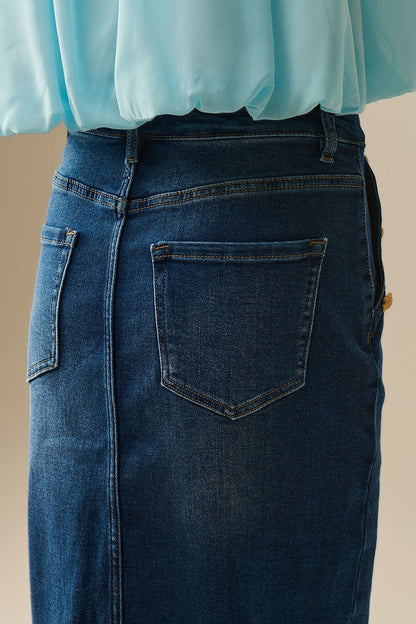 Stretch Denim Midi Skirt With Gold Button Details