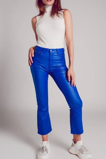 Stretch faux leather flare pants in blue - trousers