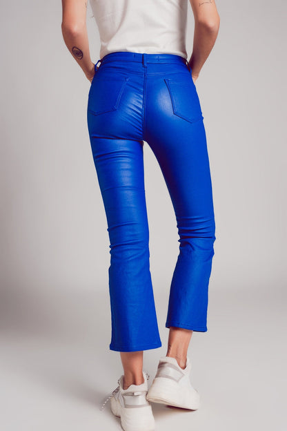 Stretch faux leather flare pants in blue - trousers