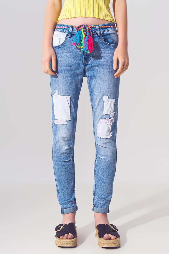 Stretch Skinny Jeans with Patches in Mid Wash and Belt Detail - Denim