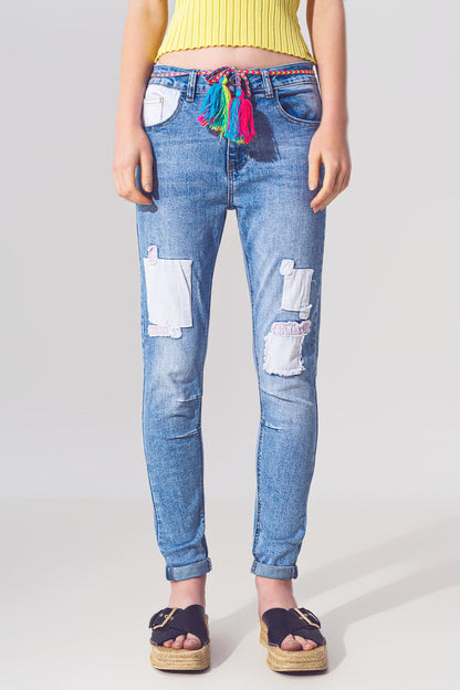 Stretch Skinny Jeans with Patches in Mid Wash and Belt Detail - Denim