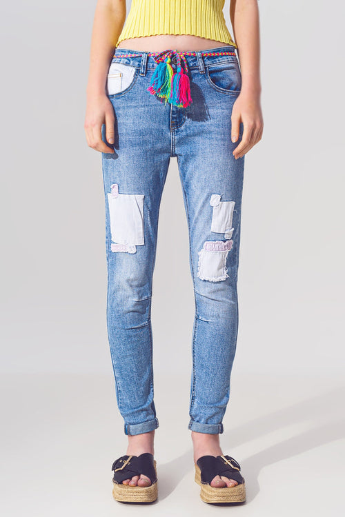 Stretch Skinny Jeans with Patches in Mid Wash and Belt Detail - Denim