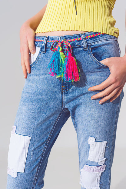 Stretch Skinny Jeans with Patches in Mid Wash and Belt Detail - Denim
