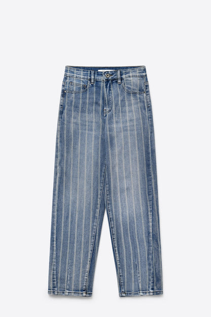 Stripe Design stretch Denim mom Leg Jeans in medium wash - Denim