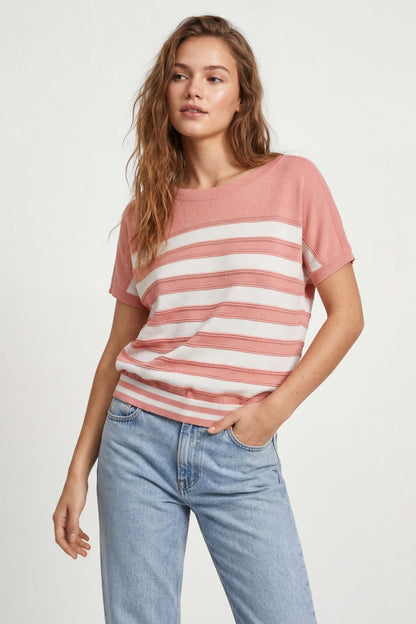 Striped fine Knit Short Sleeve sweater in pink
