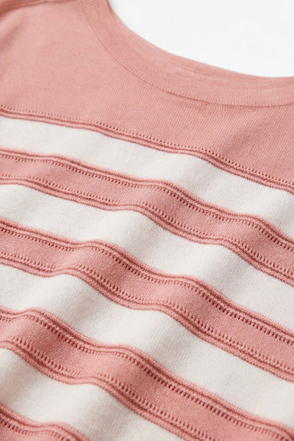 Striped fine Knit Short Sleeve sweater in pink