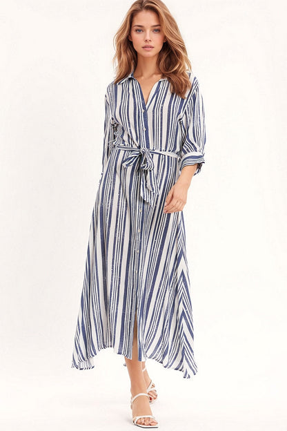 Striped Maxi Shirt Dress With 3/4 Sleeve and Belt in Blue and White - dress