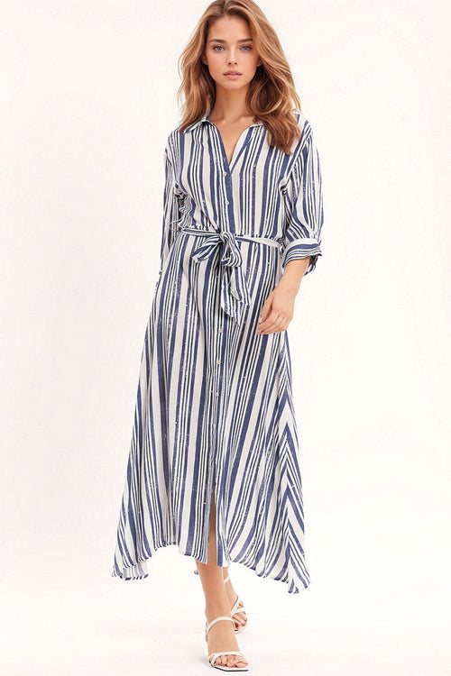 Striped Maxi Shirt Dress With 3/4 Sleeve and Belt in Blue and White - dress