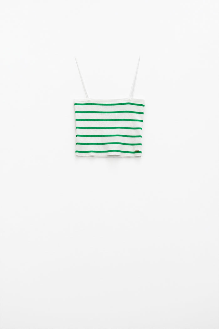 Striped White and Green Top With Square Neckline
