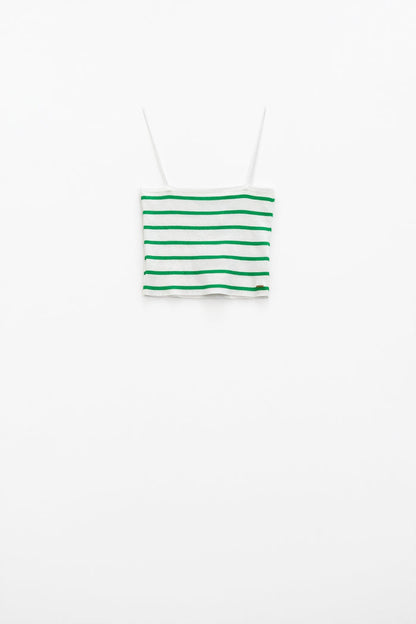 Striped White and Green Top With Square Neckline
