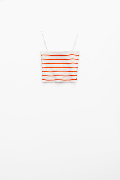 Striped White and Orange Top With Square Neckline