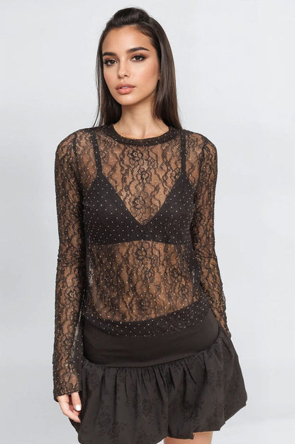 Studded Sheer Lace Long-Sleeve Top