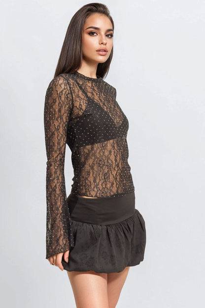 Studded Sheer Lace Long-Sleeve Top