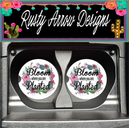 Succulent Wreath Bloom Where You are Planted Set of 2 Car Coasters - Car Coasters