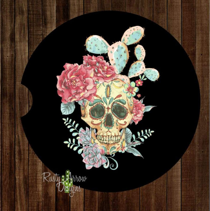 Sugar Skull with Cactus Set of 2 Car Coasters - Car Coasters