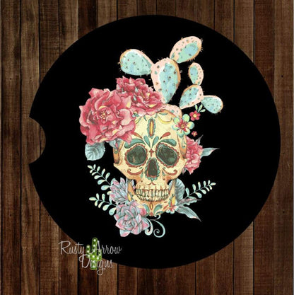 Sugar Skull with Cactus Set of 2 Car Coasters - Car Coasters