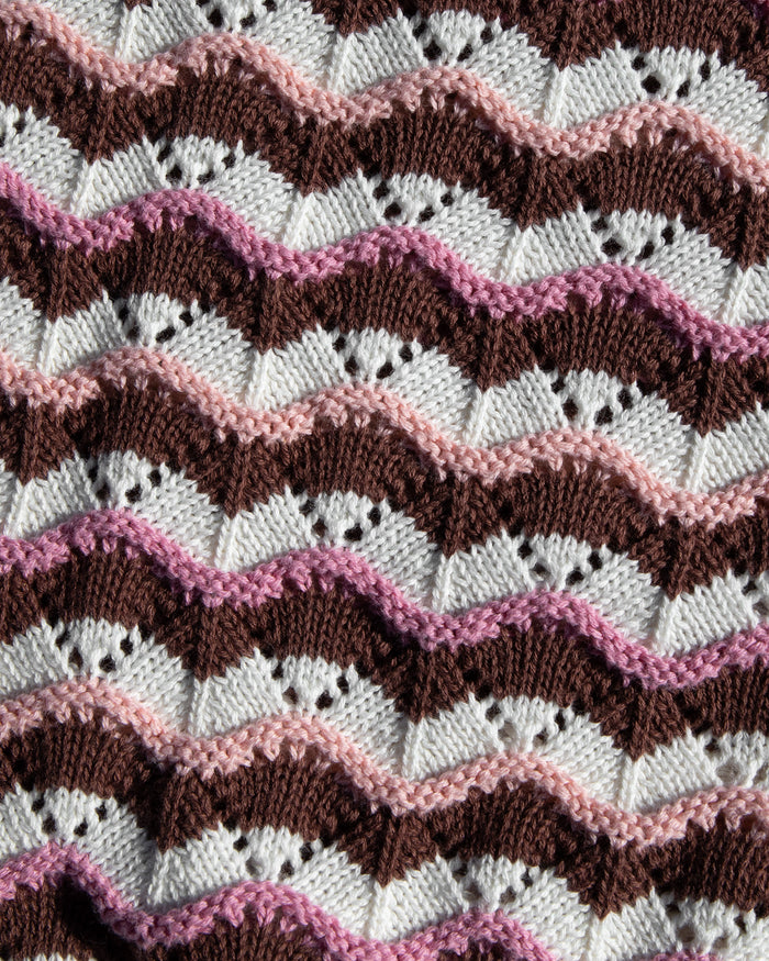 Close-up of the LSPACE Sunchaser Top in Neapolitan, showing the brown, pink, and white wave crochet pattern and fabric texture.
