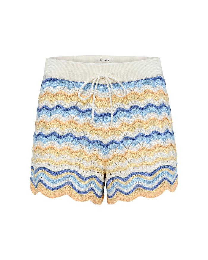 Off-model view of the LSPACE Sunchaser Short in Daydreamer, a crochet mini short in a blue, peach, and white wave pattern with cream waistband and drawstring.