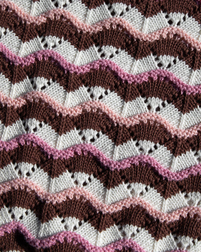 Close-up of the LSPACE Sunchaser Top in Neapolitan, showing the brown, pink, and white wave crochet pattern and fabric texture.
