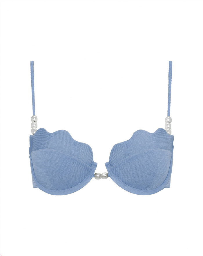 Off-model front view of the LSPACE chambray Sunrise Shell Bikini Top.