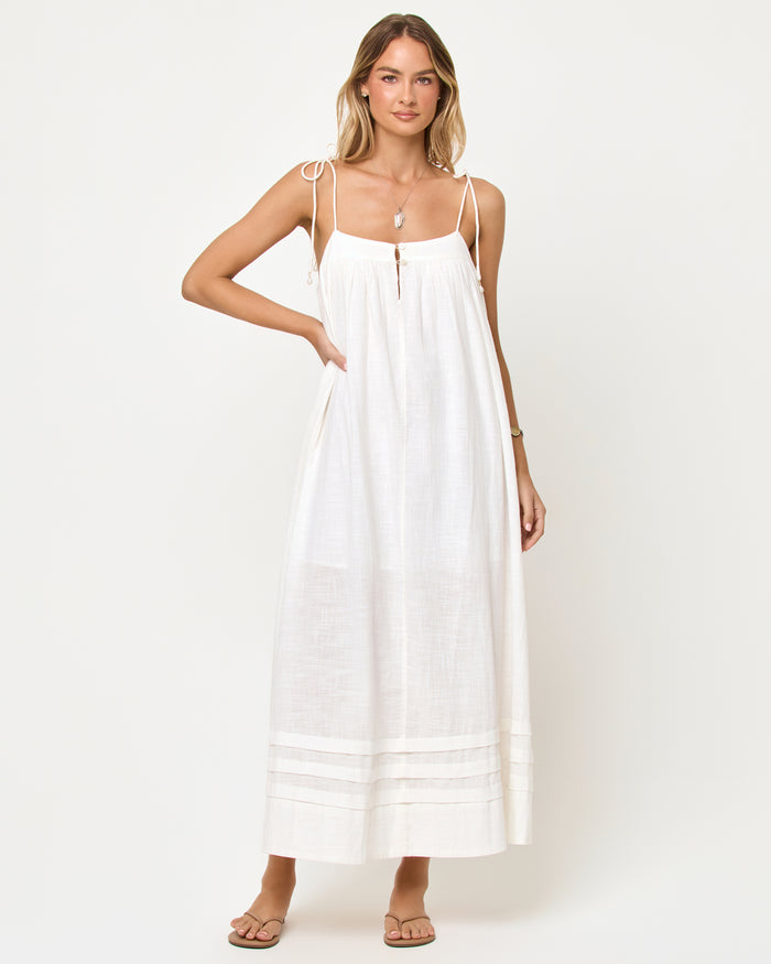 Cream | Badge:New Arrival_#B2AC88_#ffffff'
LSPACE Sunset Stroll Maxi in cream, front view on model.