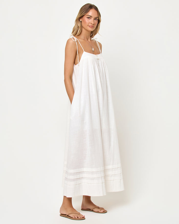 LSPACE Sunset Stroll Maxi in cream, three-quarter view on model.