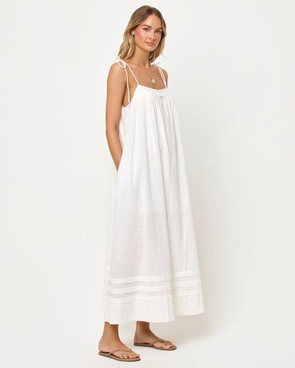LSPACE Sunset Stroll Maxi in cream, three-quarter view on model.