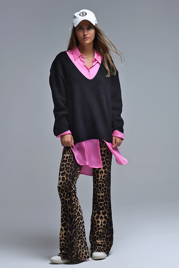 Super oversized Thin V-neck Sweater in Black
