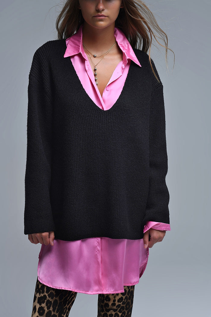 Super oversized Thin V-neck Sweater in Black